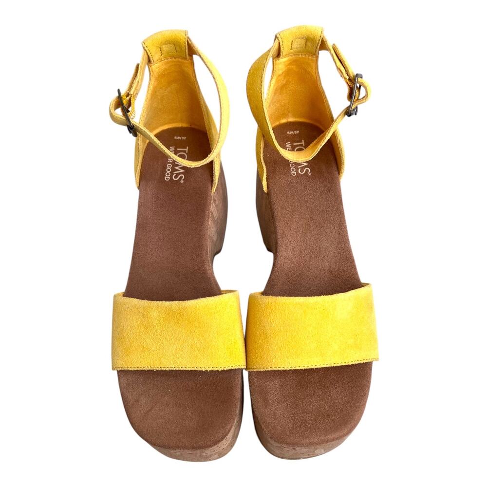 TOMS Laila Cork Platform Sandal in Yellow Suede Ankle Strap 3" Heel Womens Sz. 9 - Picture 5 of 16